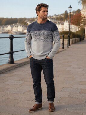 FatFace Men’s L Blue Gray Ombré Colorblock Crewneck Sweater qo